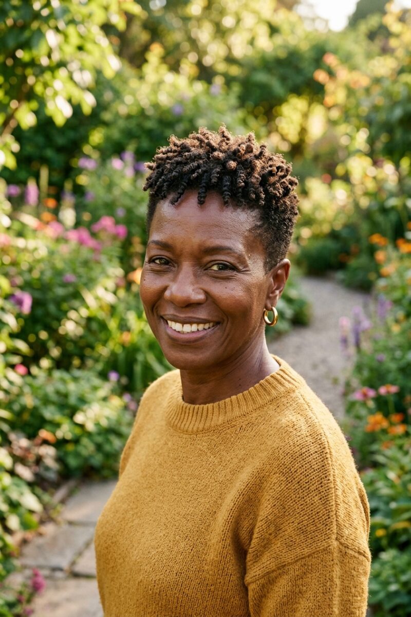 Woman over 50 with a short tapered natural haircut with defined coils on top