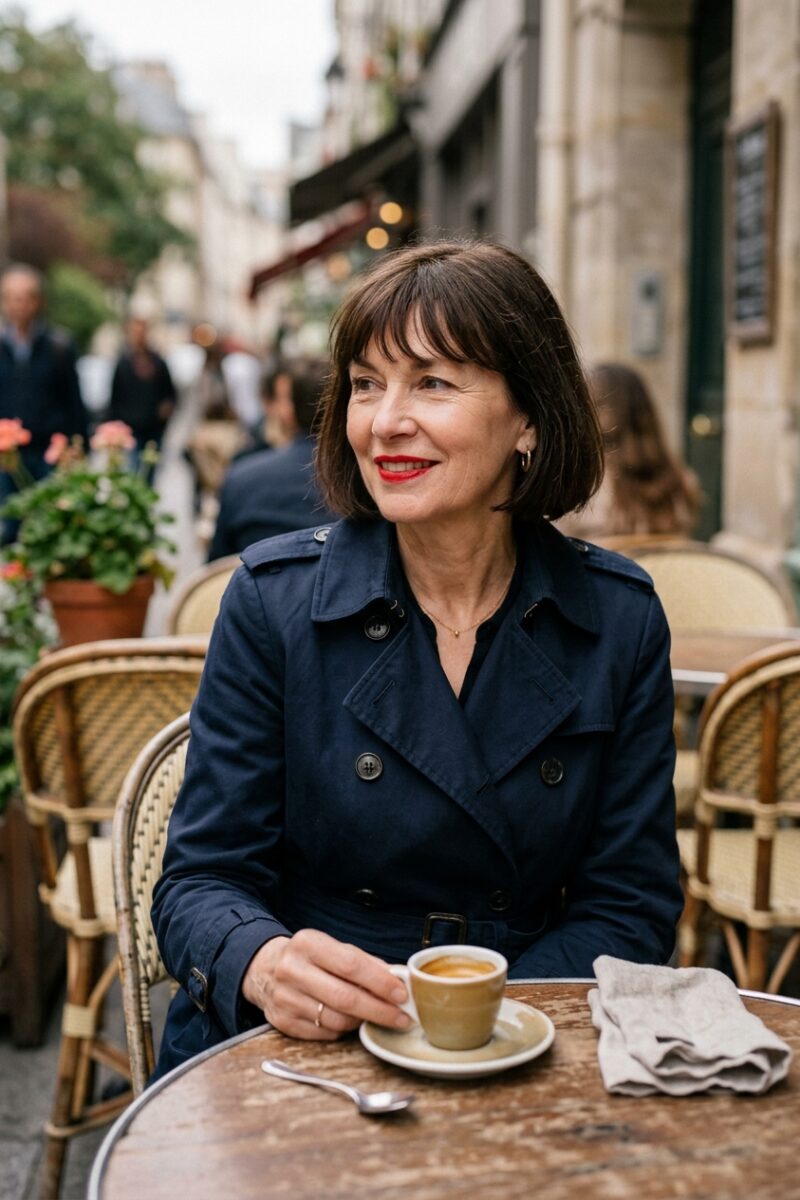 Woman over 60 with fine dark brown hair in a jaw-length French bob with soft bangs