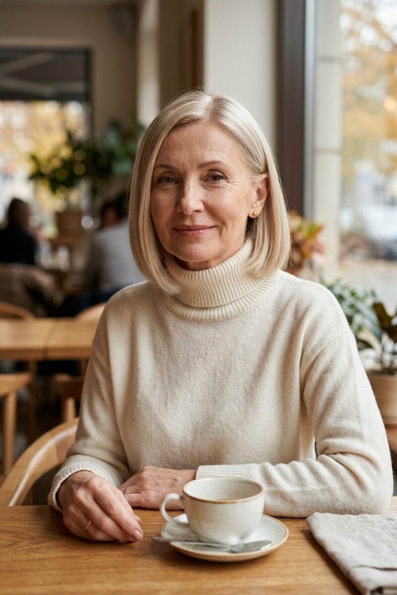 Woman over 50 with fine ash-blonde hair in a blunt chin-length bob