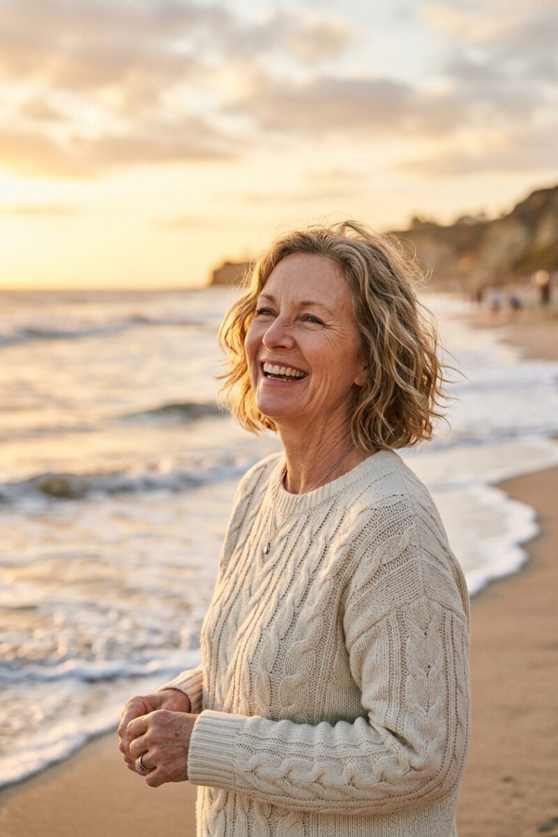 Woman over 60 with fine dark blonde hair in a tousled jaw-length wavy bob