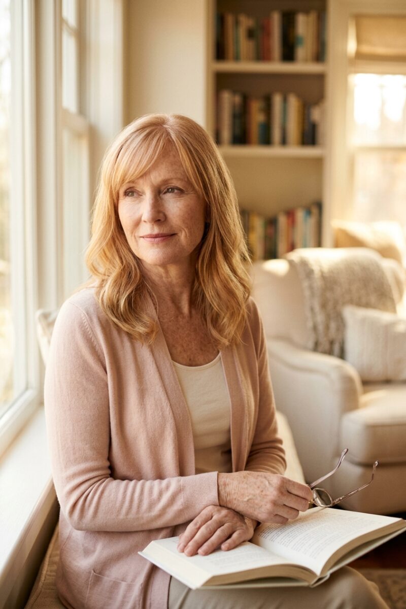 Woman over 60 with fine strawberry-blonde hair and long side-swept bangs