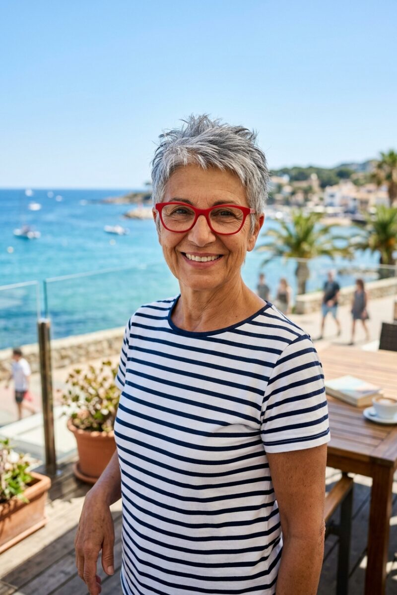Woman over 70 with a short textured salt-and-pepper crop