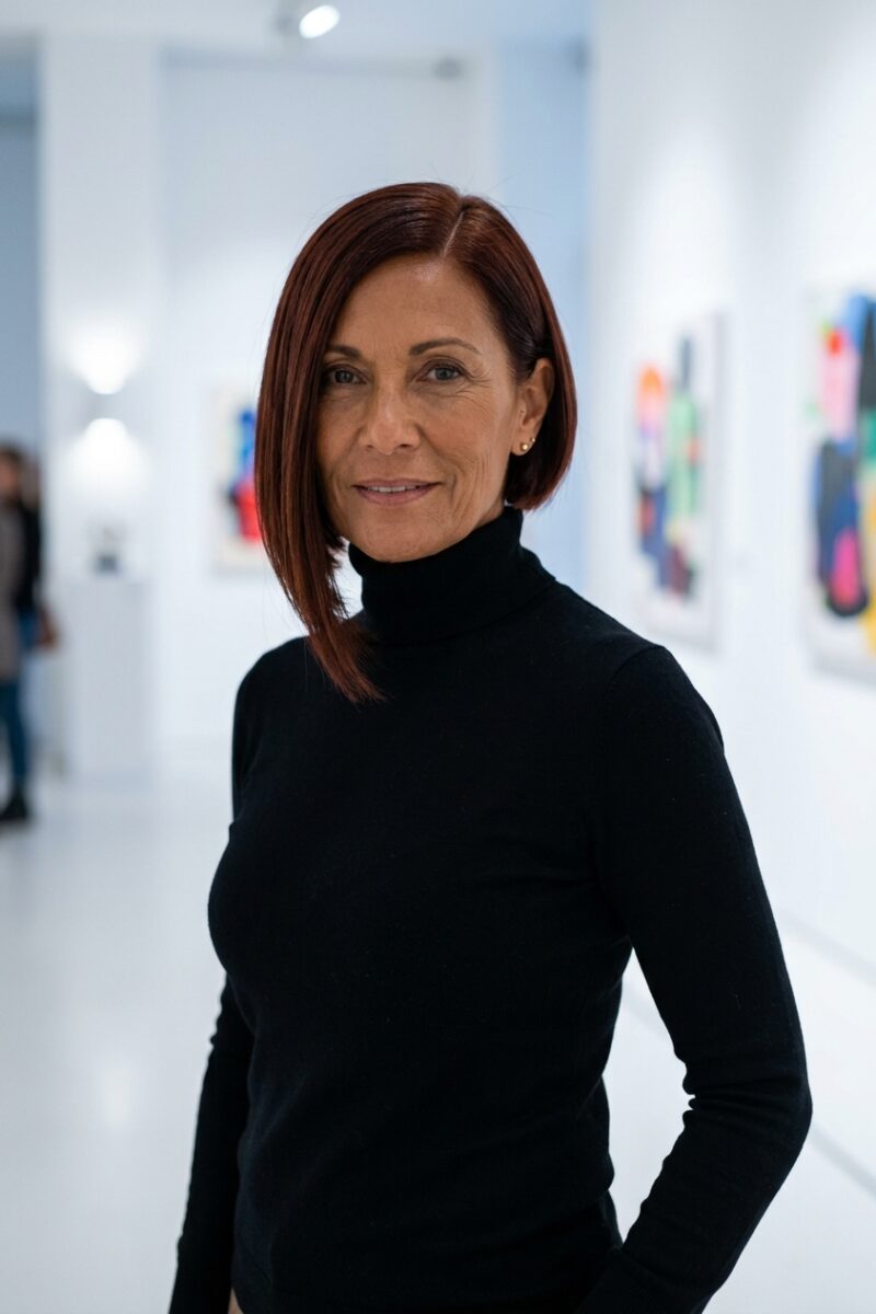 Woman over 50 with fine auburn hair in a sleek asymmetrical bob