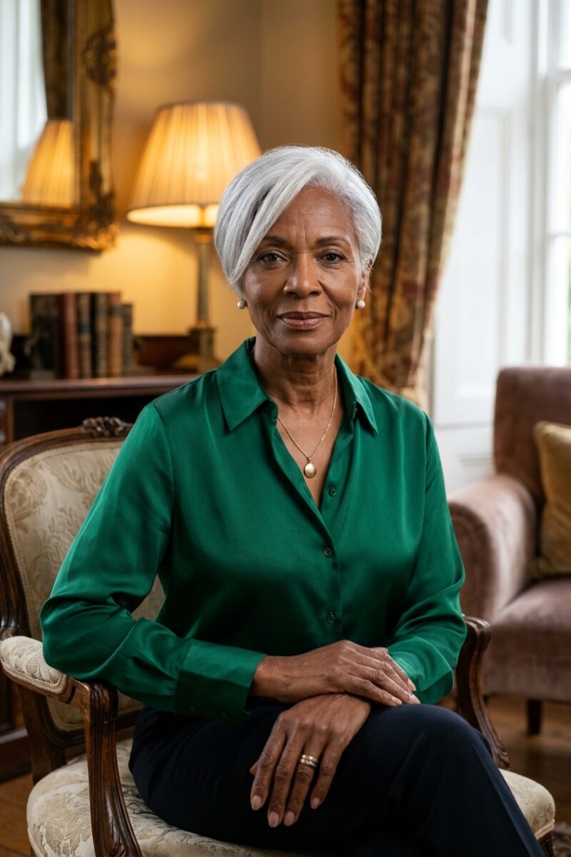 Woman over 70 with a silver-white pixie cut and a deep side part
