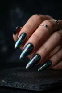 oil-slick-effect-dark-chrome-petrol-blue-green-nails