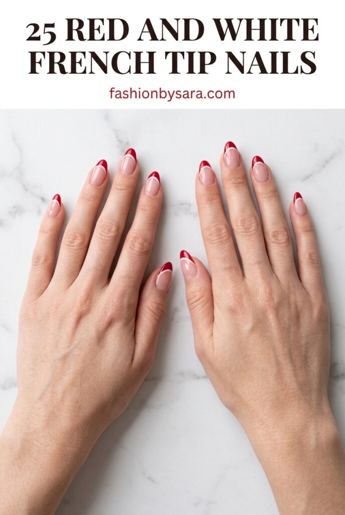 25 Red and White French Tip Nails