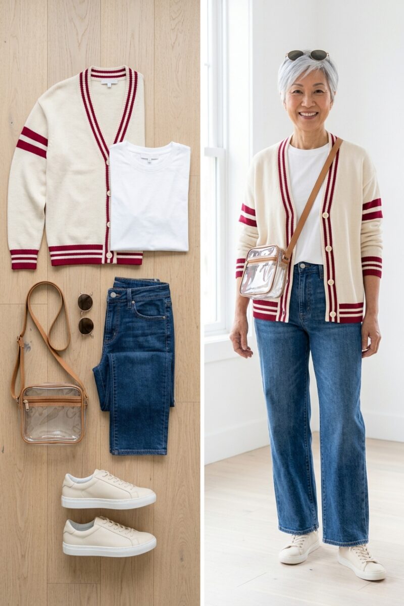 Crimson and cream varsity cardigan with a white tee and wide-leg jeans for game day, flat lay and worn by a woman over 60
