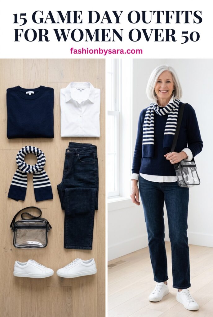 Game day outfit for women over 50 shown as a flat lay and worn, with a navy sweater, jeans and a clear stadium bag