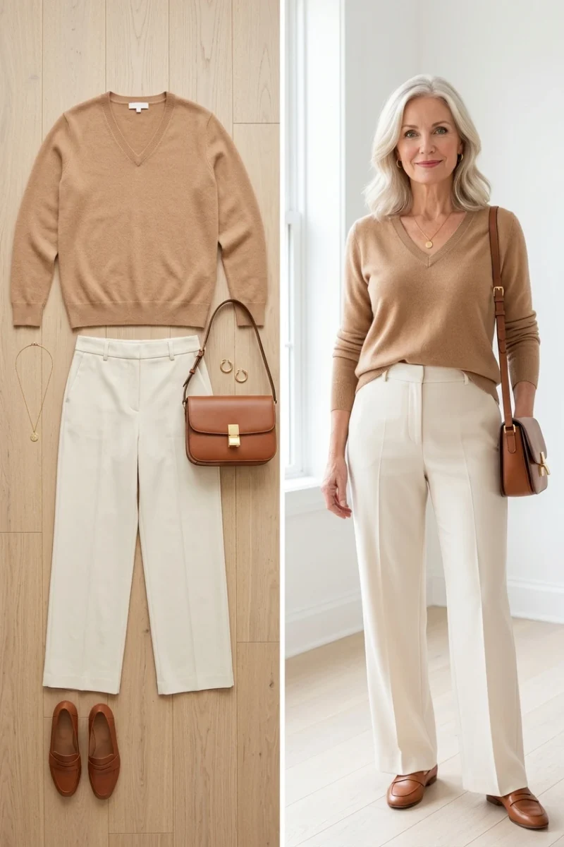 Camel cashmere sweater with cream wide-leg trousers and gold jewelry, a confident first date outfit for women over 50