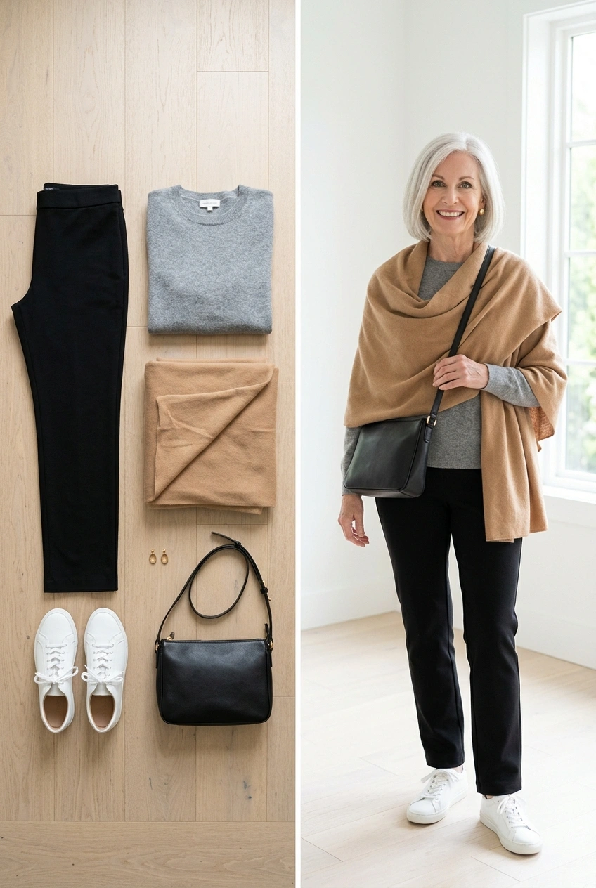 Black ponte pants with a gray cashmere sweater, wrap and white sneakers, a holiday travel outfit for women over 50