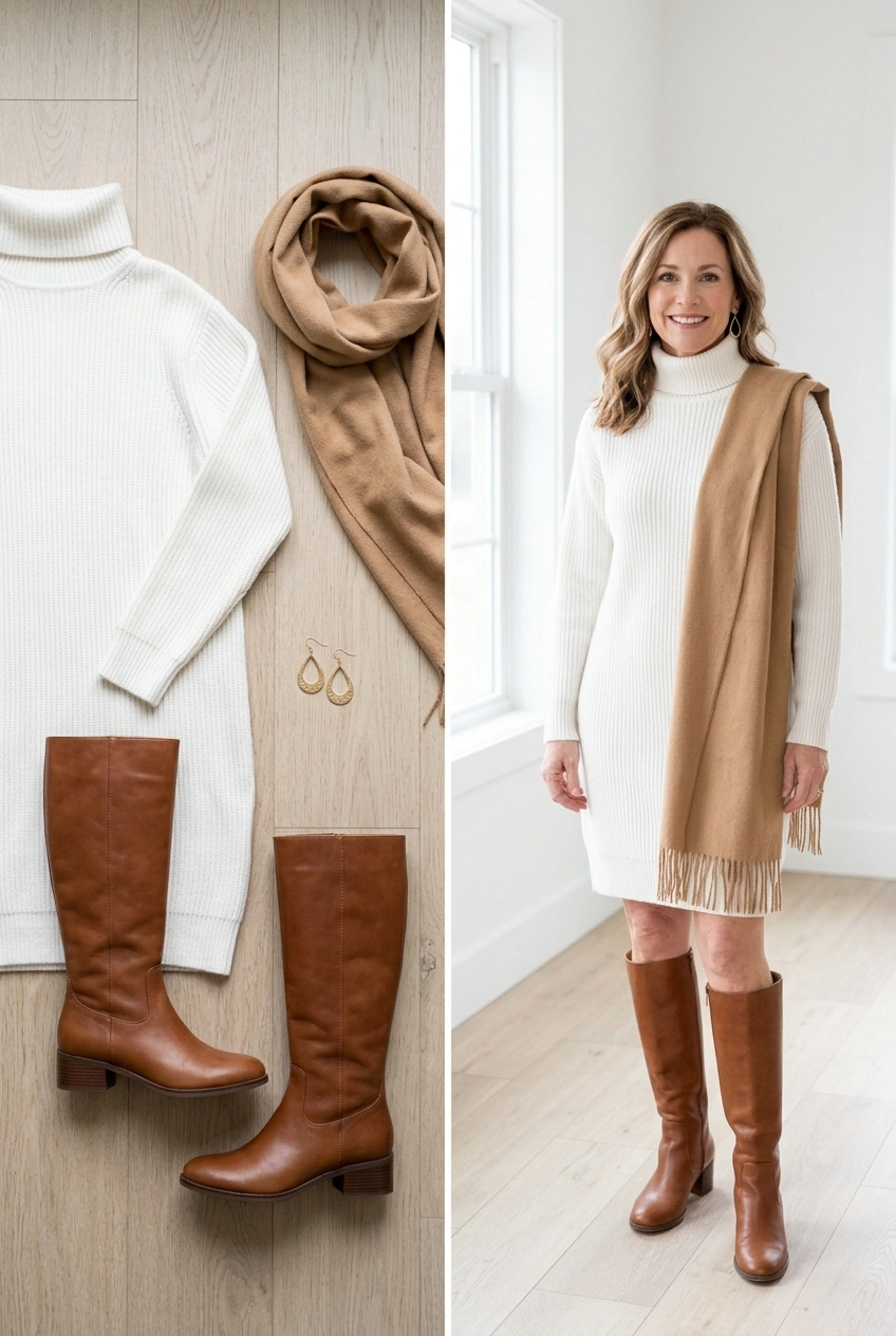 Winter white sweater dress with cognac knee boots, a holiday service outfit for women over 50