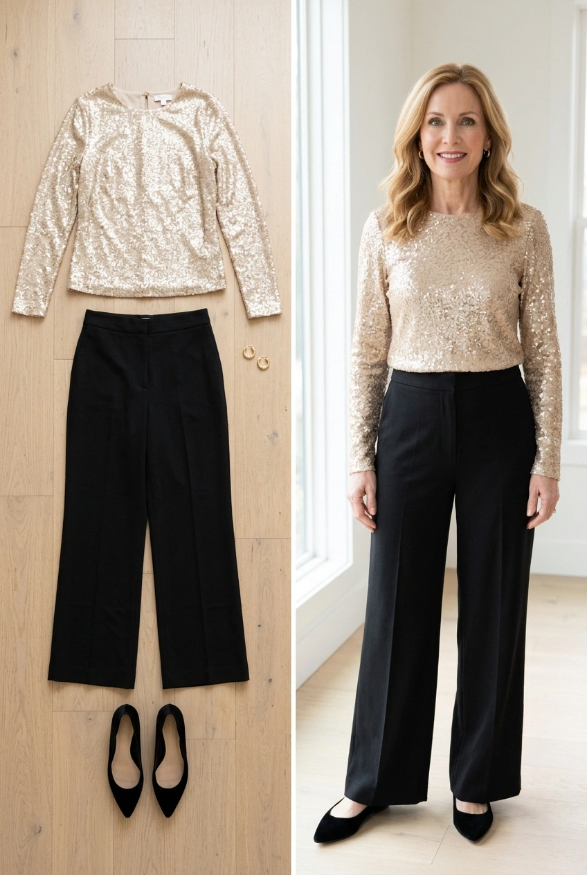 Gold sequin top with black wide-leg trousers, an elegant holiday party outfit for women over 50