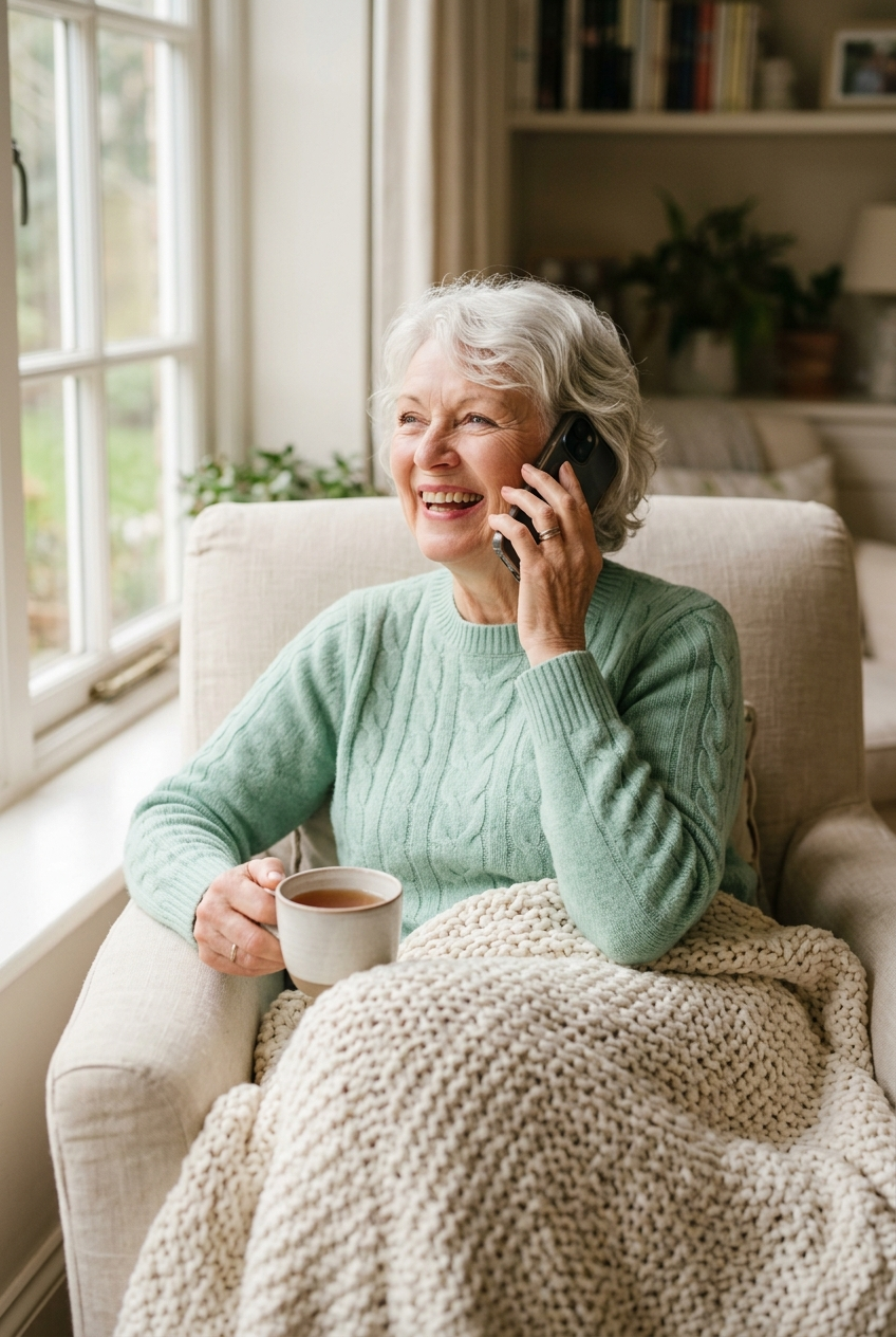 Woman in her 70s laughing on the phone with an old friend in her armchair