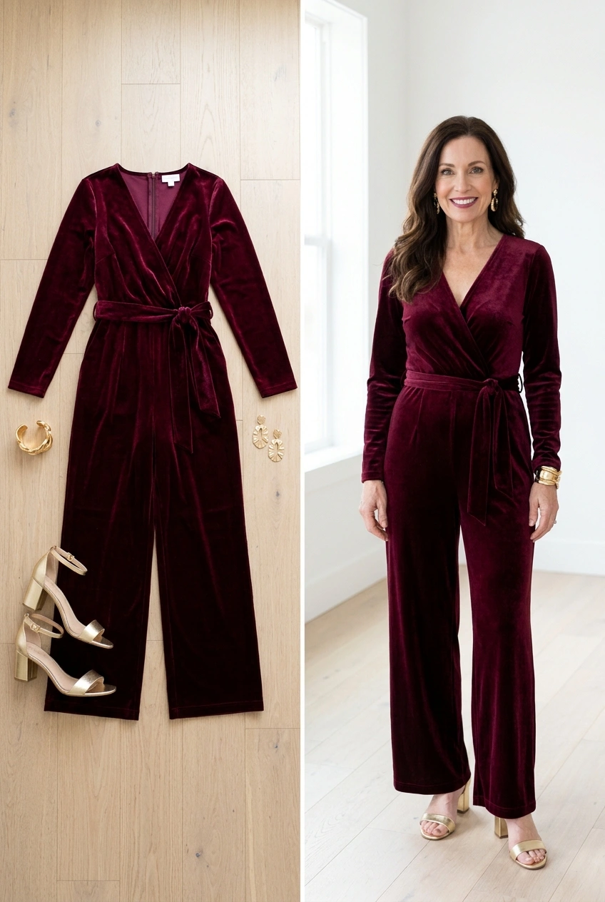 Burgundy velvet wide-leg jumpsuit with gold jewelry, a festive holiday outfit for women over 50