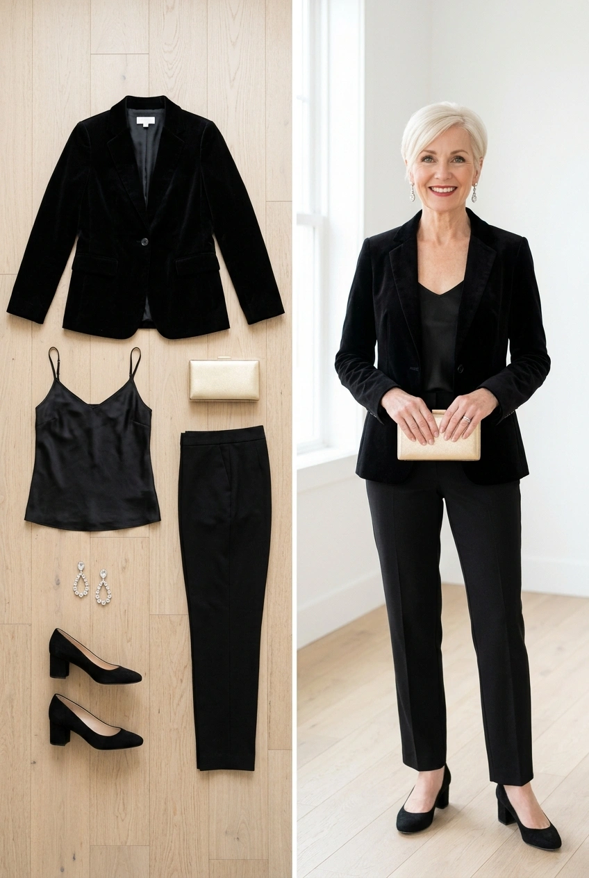 Black velvet blazer with a black silk camisole and trousers, an elegant Christmas dinner outfit for women over 50