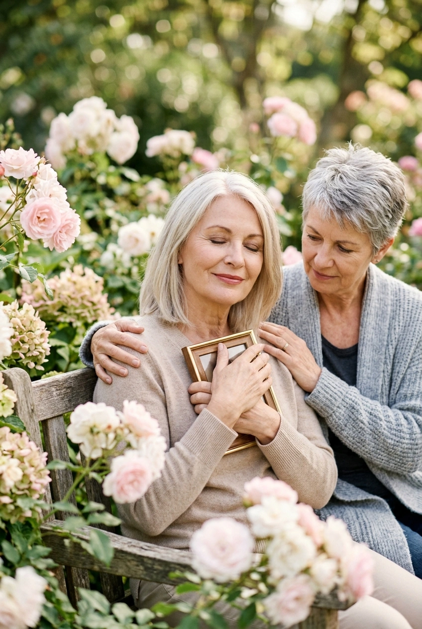 Woman over 60 holding a framed photo on a garden bench as a friend comforts her