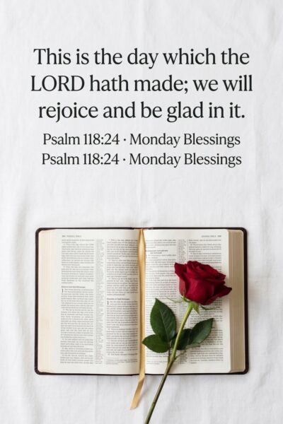 Monday blessing Bible verse Psalm 118:24 with a red rose.