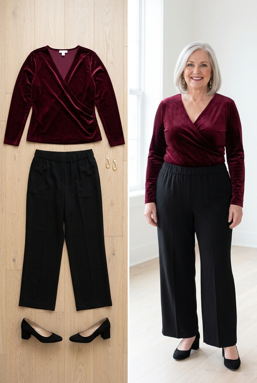 Plus-size woman over 50 in a burgundy velvet wrap top and black wide-leg trousers for Christmas dinner