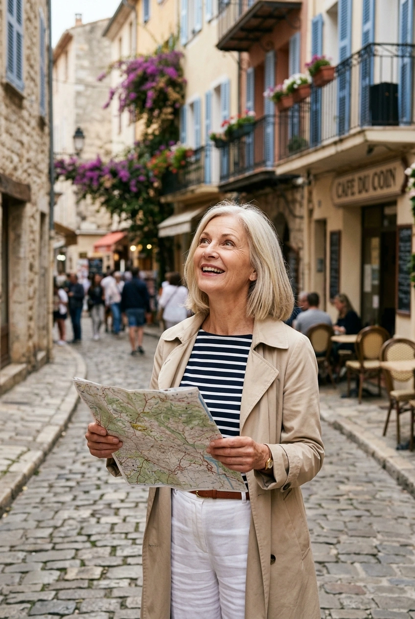 Woman over 60 exploring a cobblestone street in a new town, delighted by something new