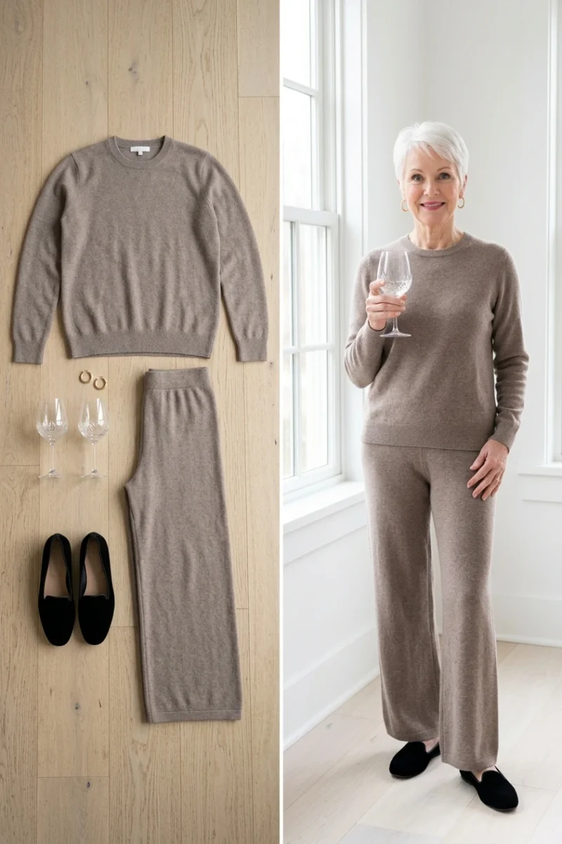 Taupe cashmere lounge set with gold hoops and velvet slippers, an at-home date night outfit for women over 50