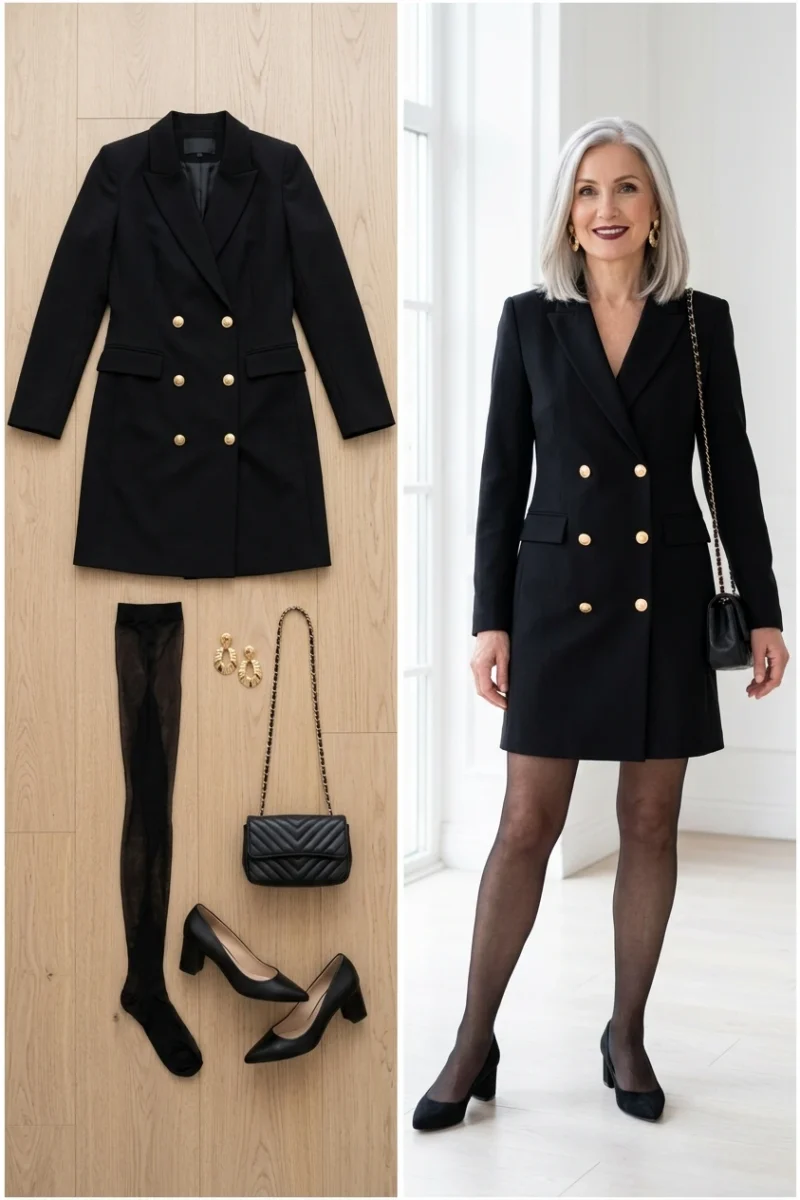 Black blazer dress with gold buttons, sheer tights and pumps, a cocktail date outfit for women over 50