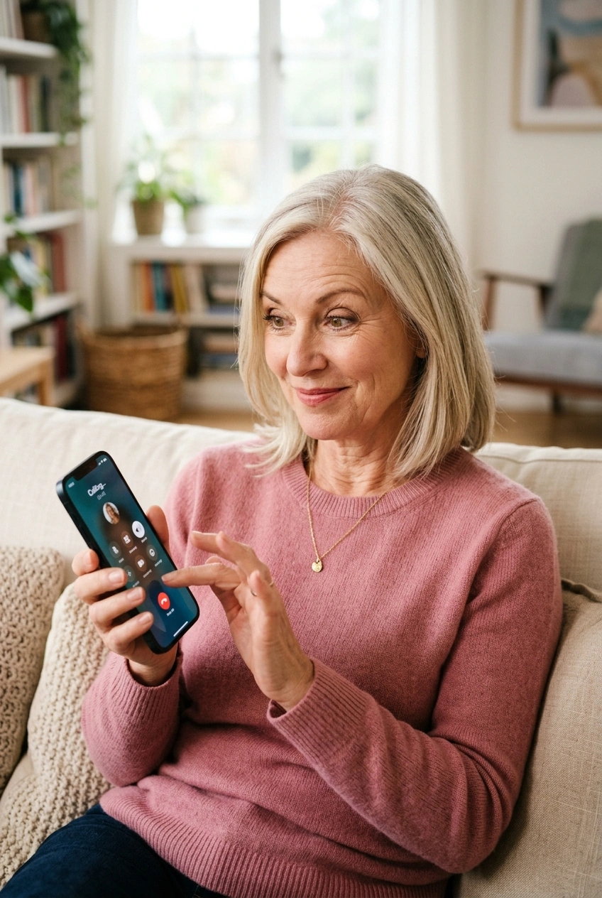 Woman over 60 looking skeptical at a suspicious phone call at home