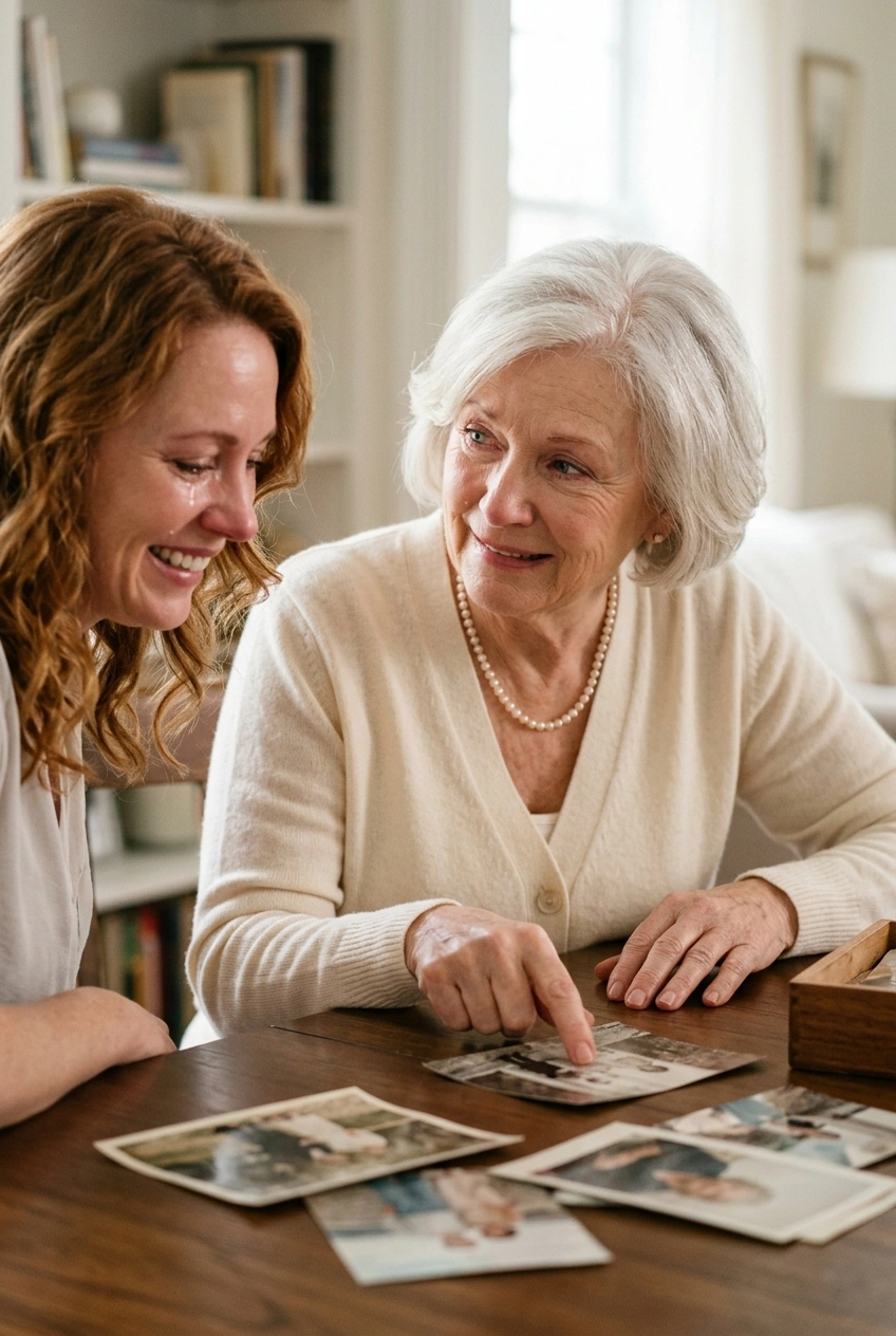 Woman in her 70s sharing old photos and stories with her late friend's daughter
