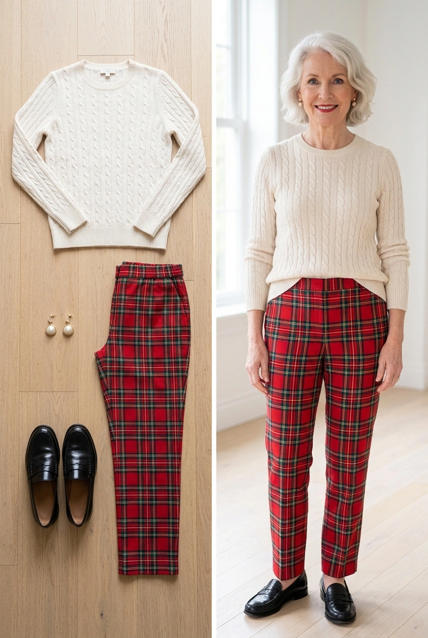 Cream sweater with red tartan trousers and black loafers, a family holiday outfit for women over 50