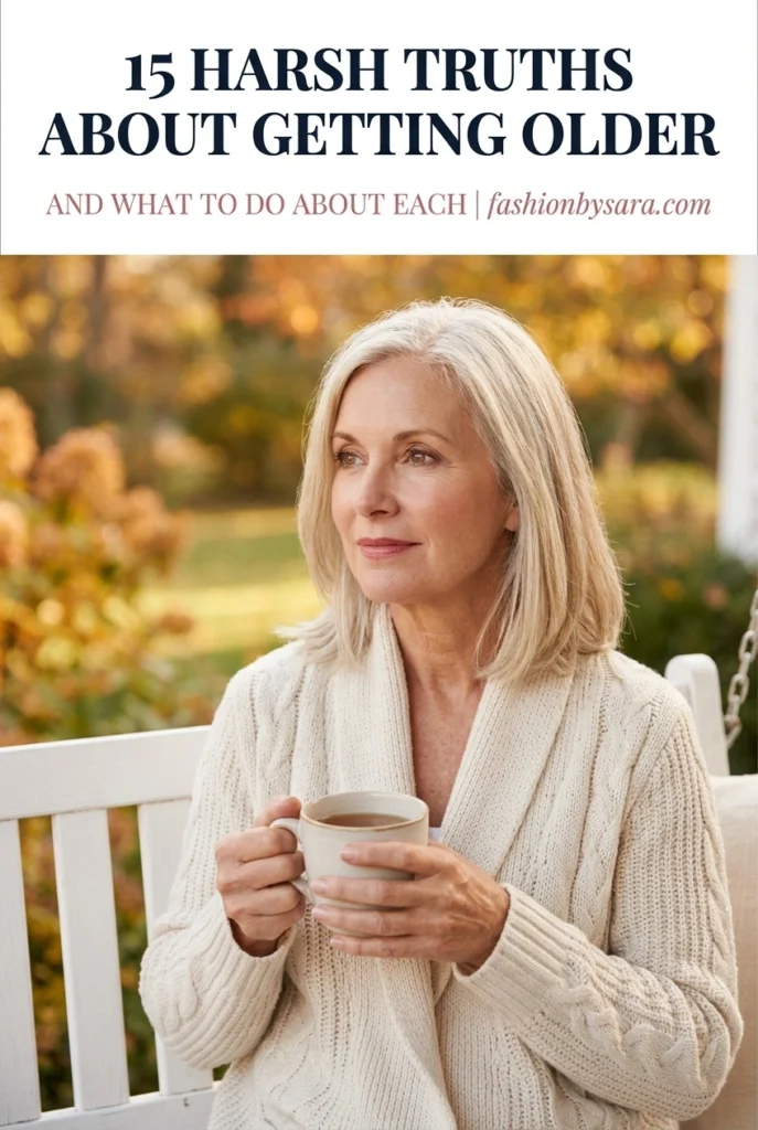 Harsh truths about getting older, a thoughtful woman in her 60s with a cup of tea on a sunlit porch