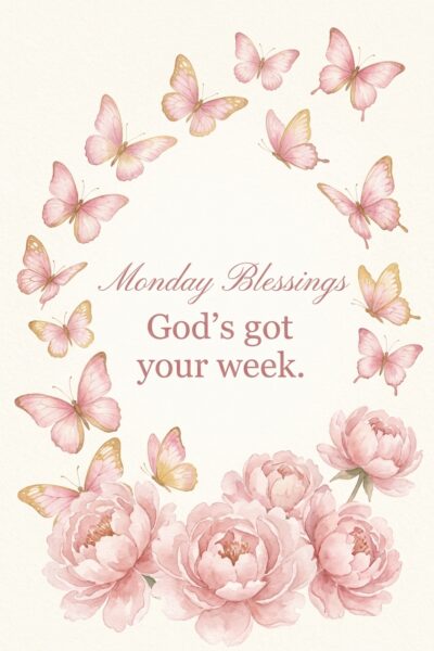 Monday blessings image with butterflies and peonies.