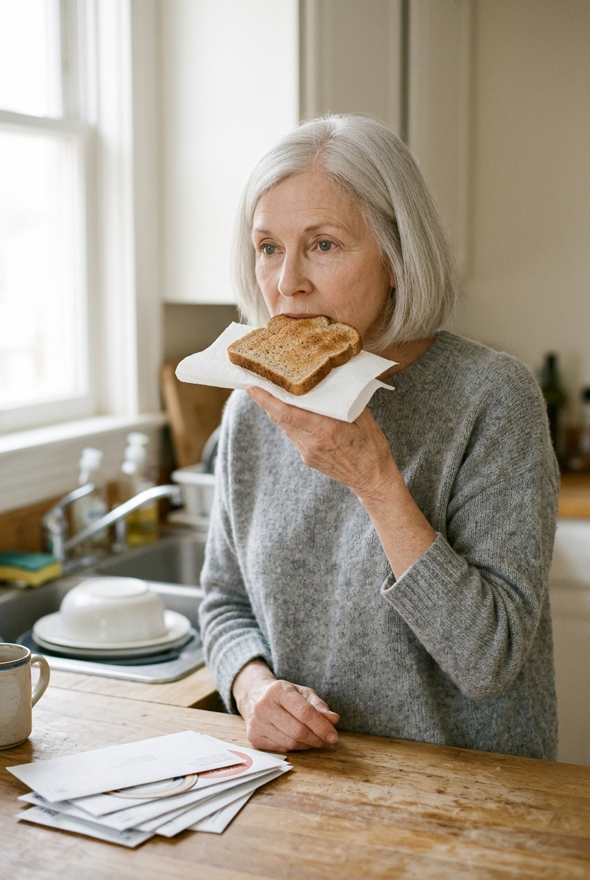 Older woman eating toast standing at the kitchen counter, skipped meals as a sign of loneliness