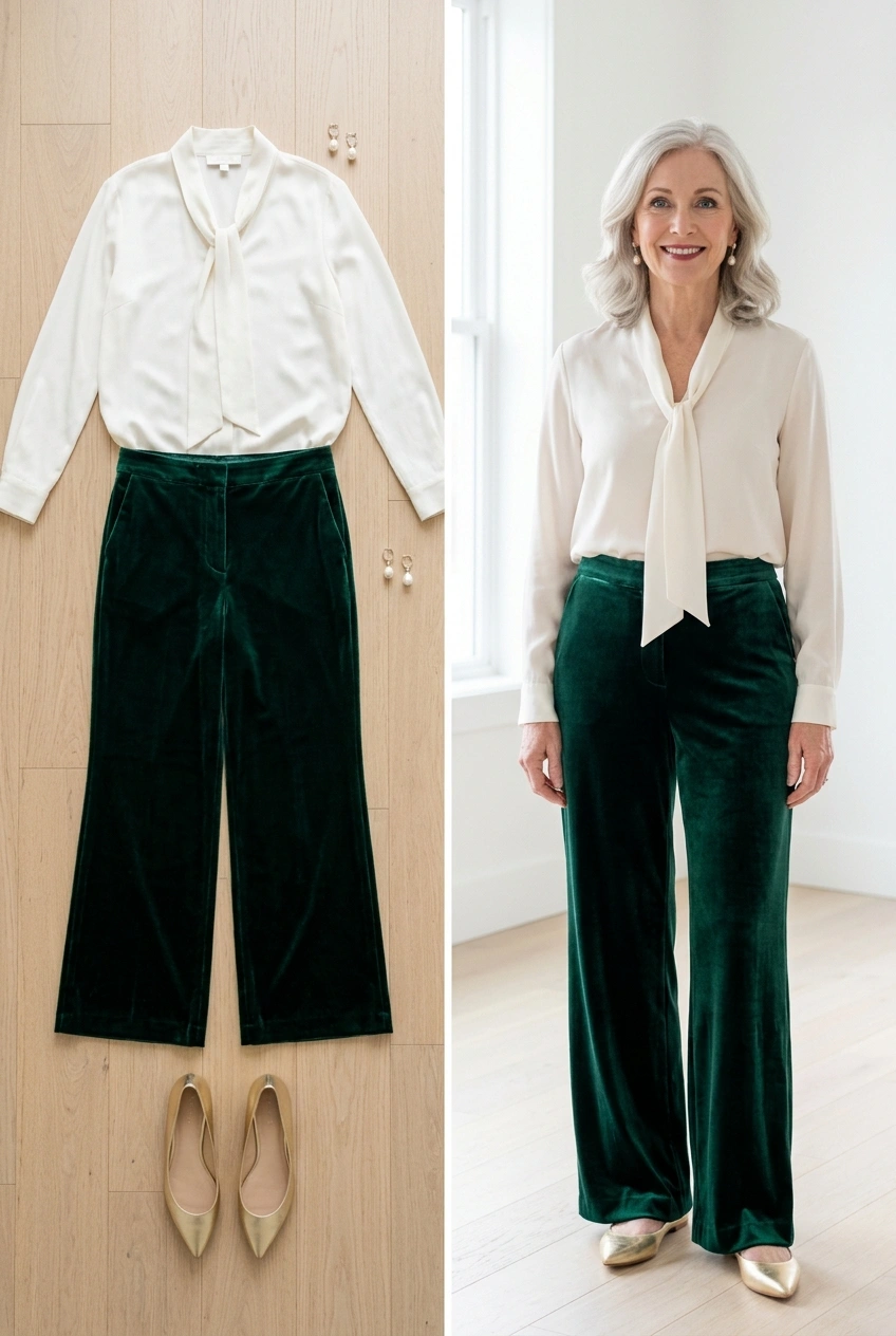 Ivory silk tie-neck blouse with emerald velvet wide-leg trousers, a Christmas dinner outfit for women over 50