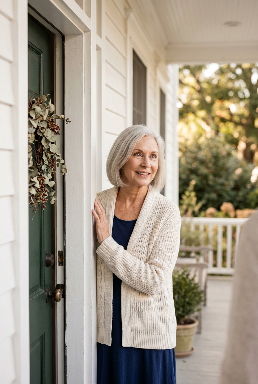 Older woman lingering at her front door to keep talking as a visitor leaves, a sign of loneliness