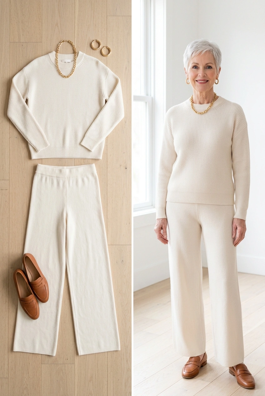 Cream matching knit set with gold jewelry and loafers, a cozy holiday outfit for women over 50