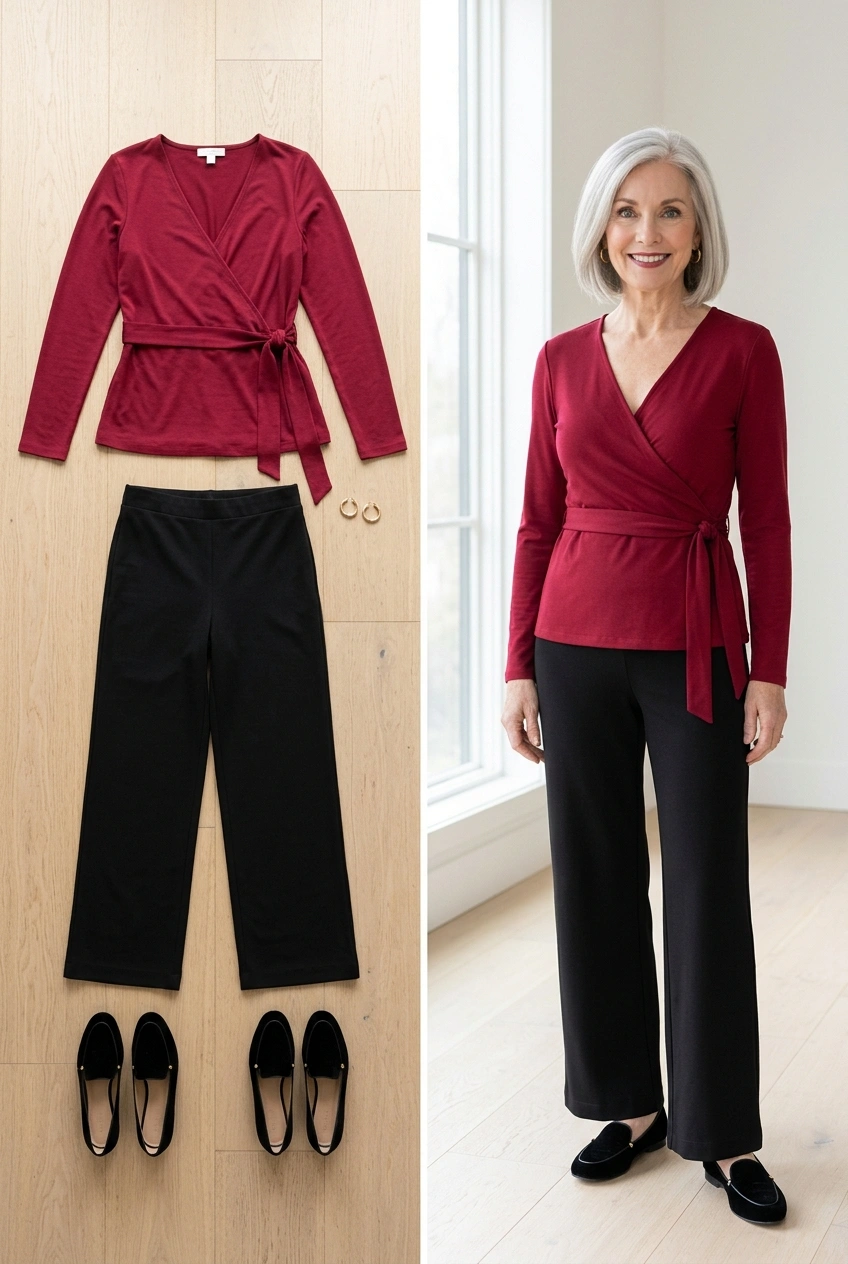 Cranberry wrap top with black ponte wide-leg pants and velvet loafers, a Christmas dinner hosting outfit for women over 50