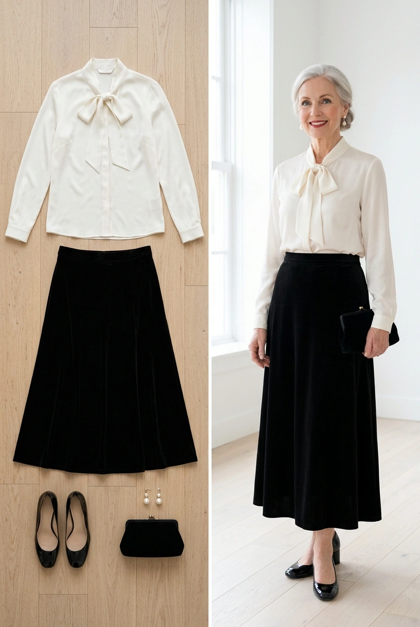 White bow blouse with a black velvet maxi skirt, a holiday theater outfit for women over 50
