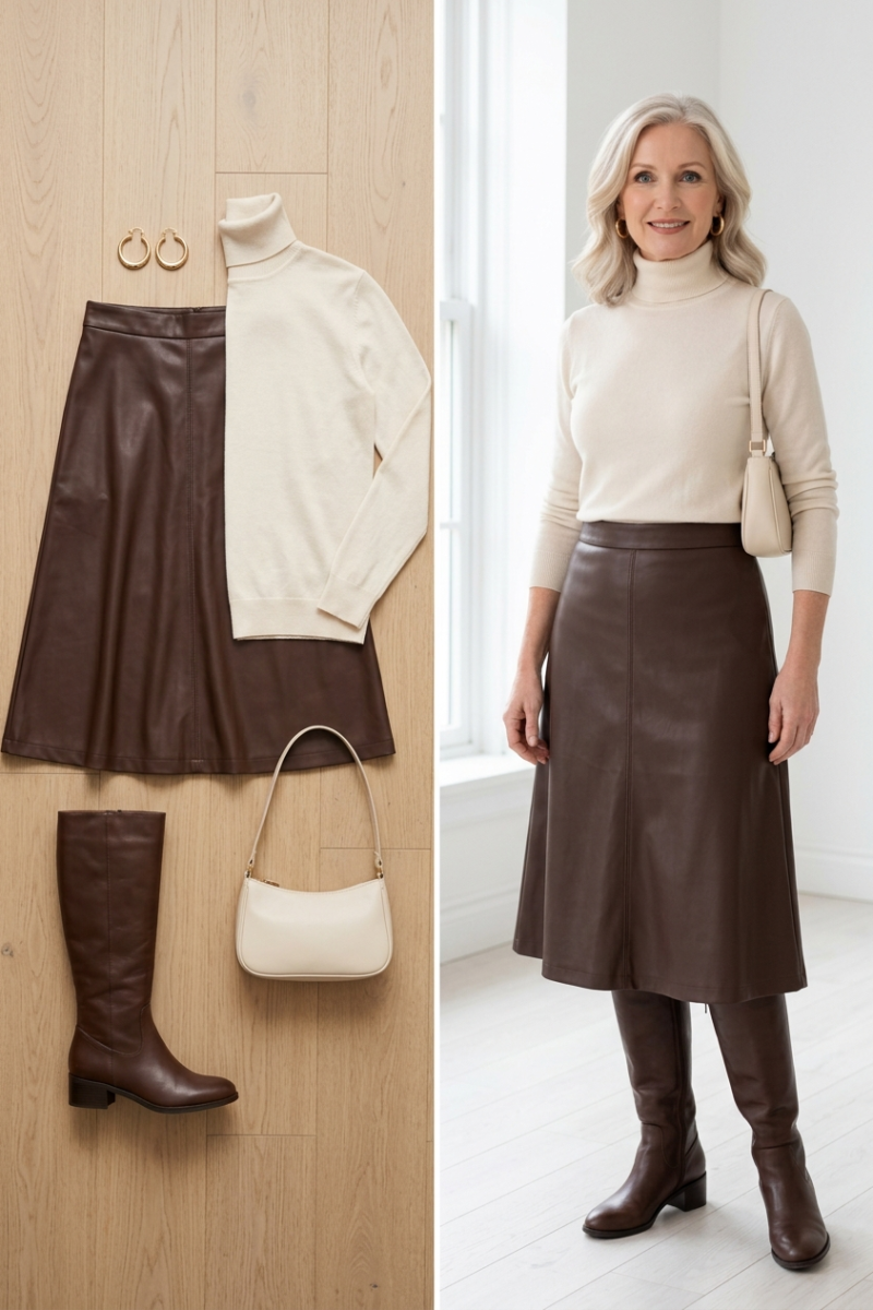 Chocolate leather midi skirt with a cream turtleneck and brown boots, a fall date outfit for women over 50