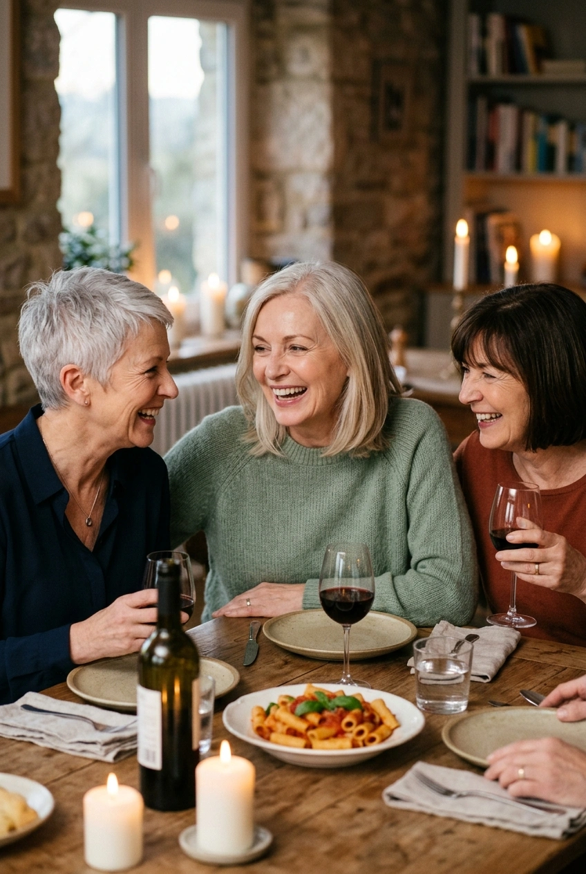 Woman over 60 sharing a candlelit dinner at home with two close friends