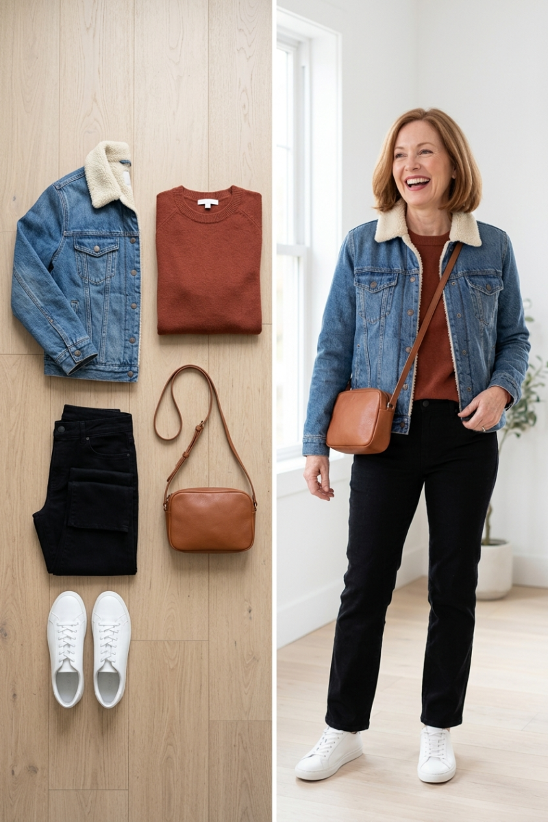 Sherpa-collar denim jacket with a rust sweater and black jeans, a casual date night outfit for women over 50