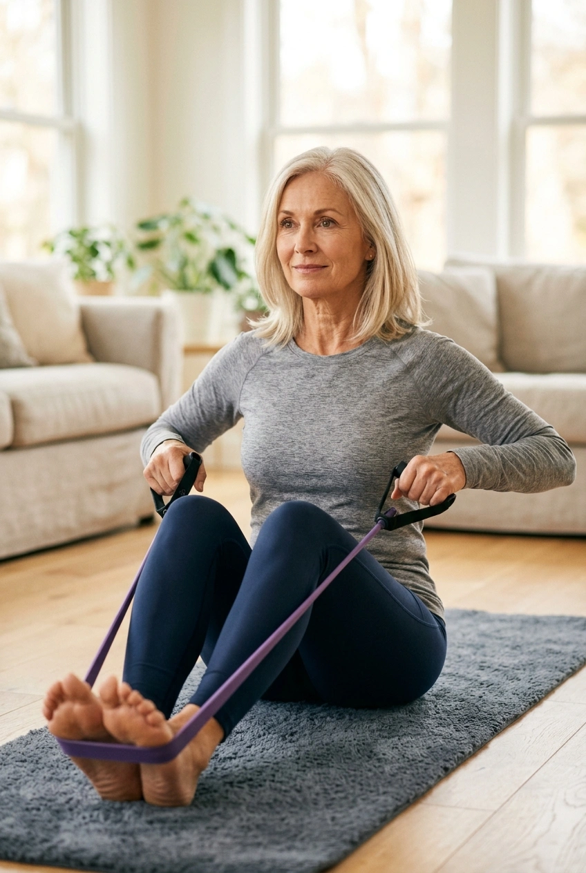 Woman over 60 doing a resistance band exercise at home to stay strong as she gets older
