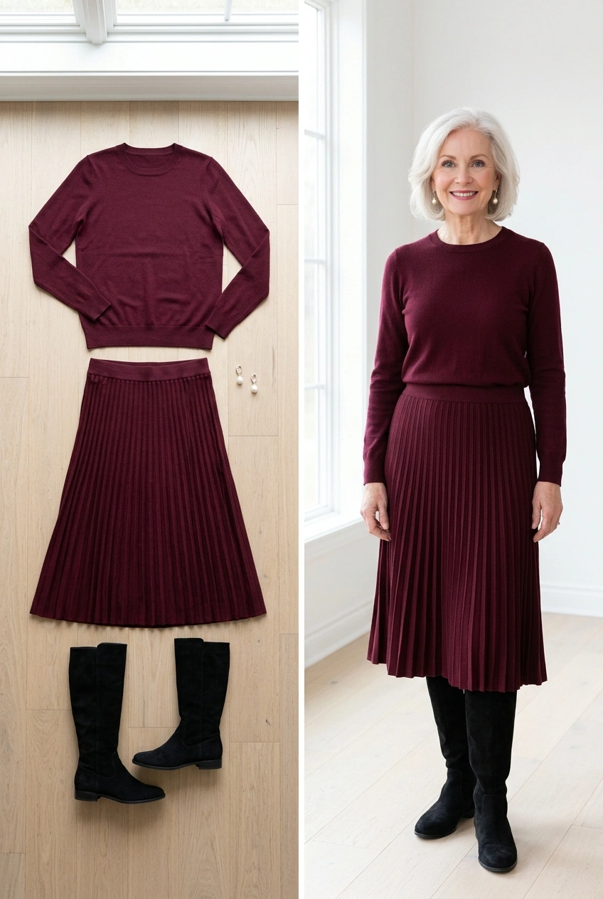 Burgundy knit sweater with a matching pleated knit midi skirt, a Christmas dinner outfit for women over 50