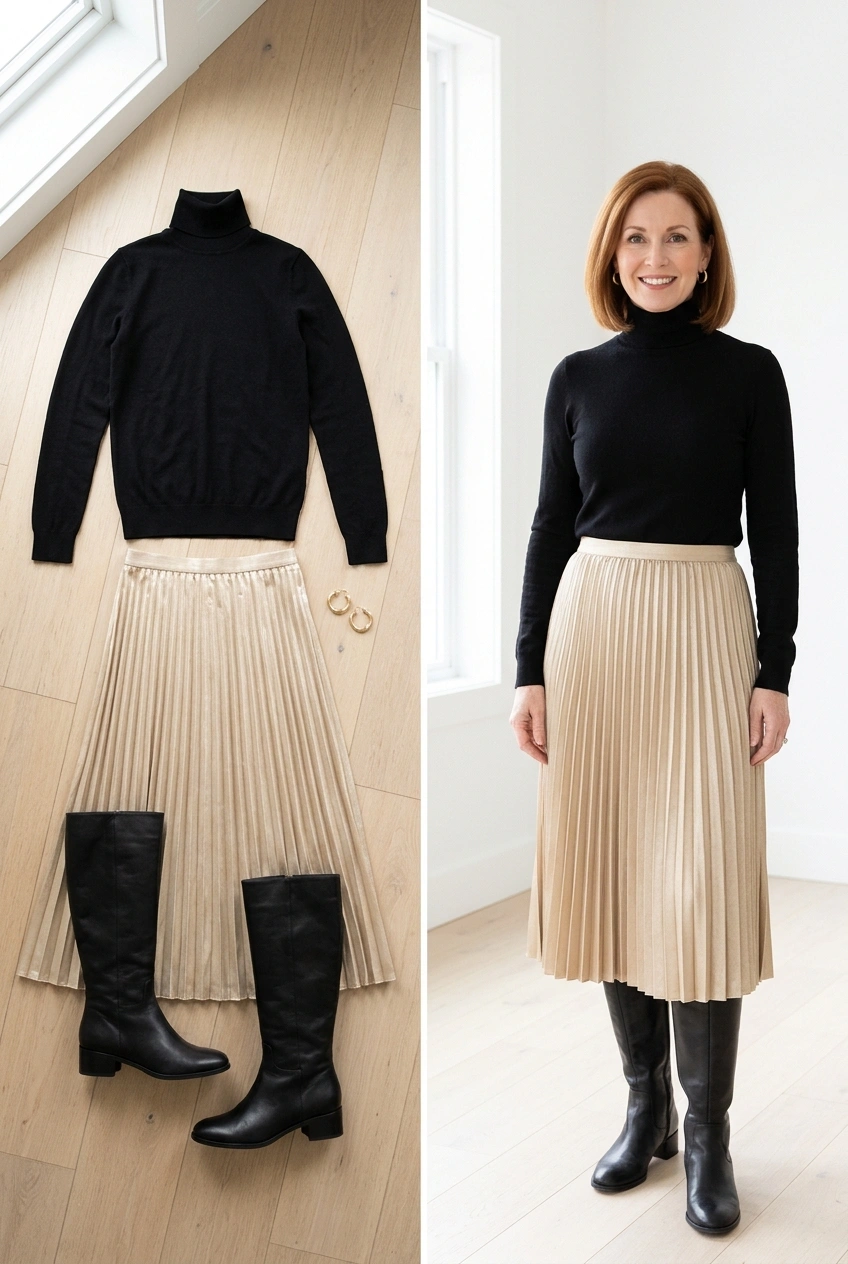 Black turtleneck with a gold metallic pleated midi skirt, an office holiday party outfit for women over 50