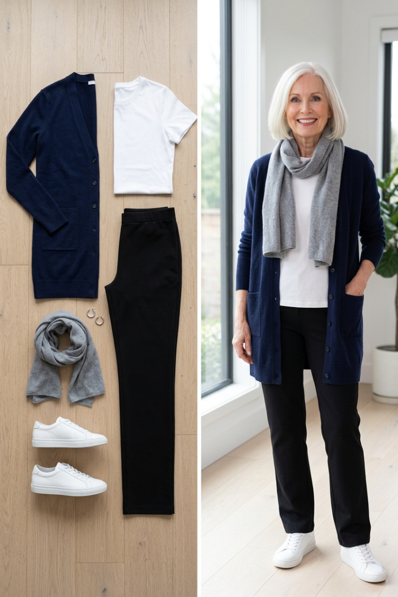 Navy cashmere cardigan with a white tee, ponte pants and sneakers, a cozy movie date outfit for women over 50