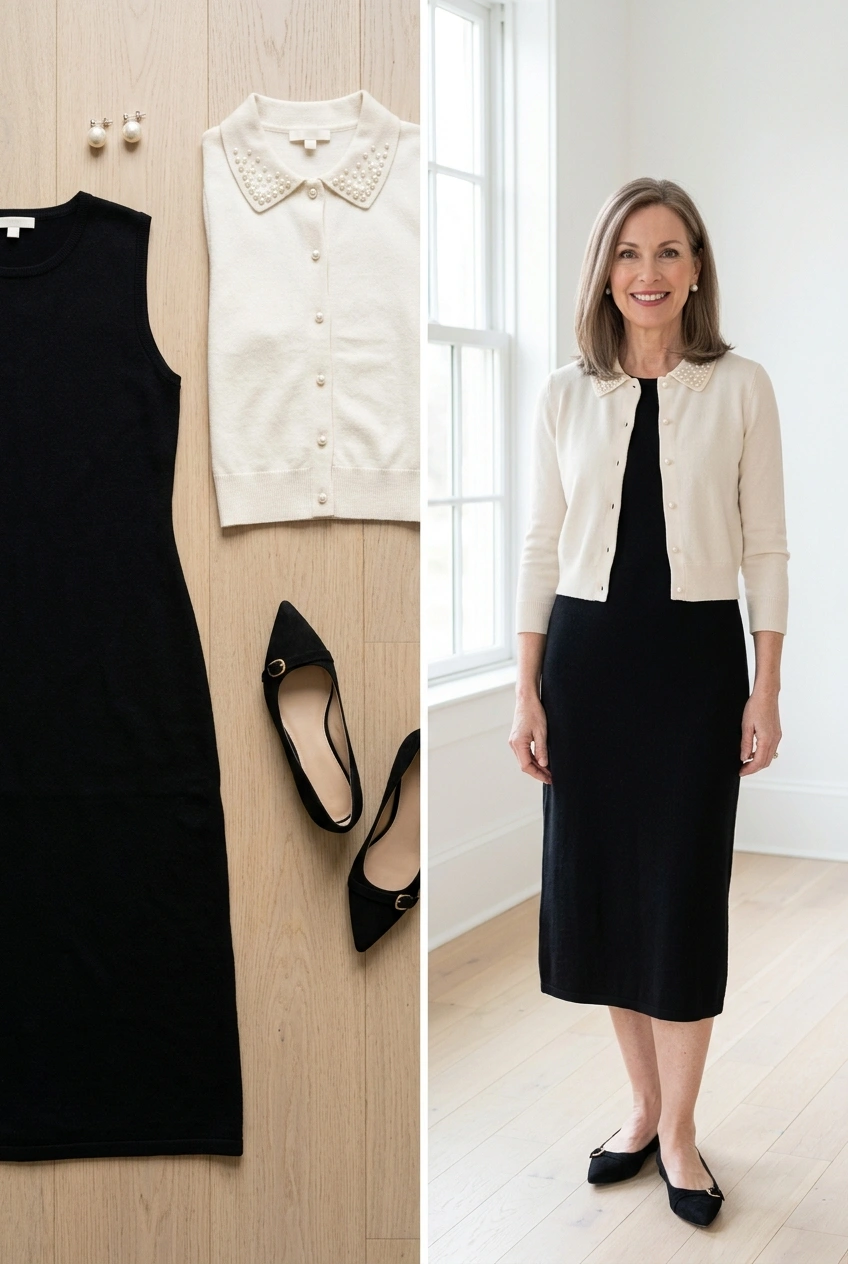 Pearl-button embellished cardigan over a black knit dress, an elegant holiday outfit for women over 50