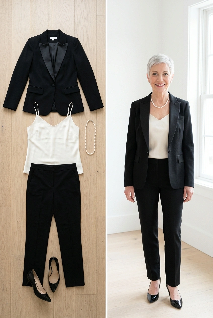 Black tuxedo blazer with an ivory silk cami and black trousers, an office holiday party outfit for women over 50