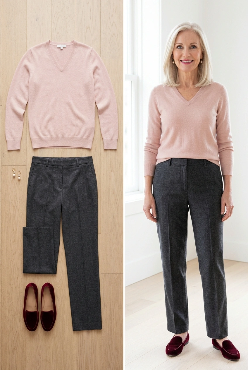 Blush pink cashmere sweater with charcoal flannel trousers, a soft Christmas dinner outfit for women over 50