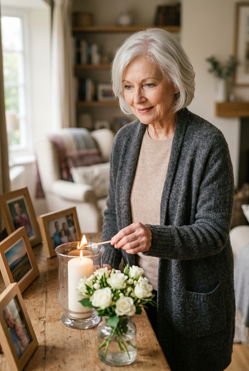 Woman in her 70s lighting a candle beside small framed photos in memory of friends