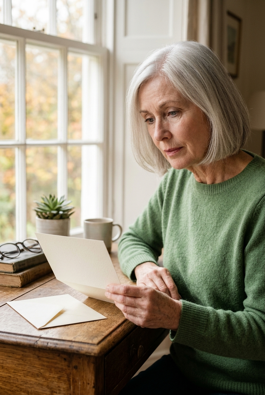 Older woman holding an invitation card at her desk looking hesitant, turning down invitations as a sign of loneliness