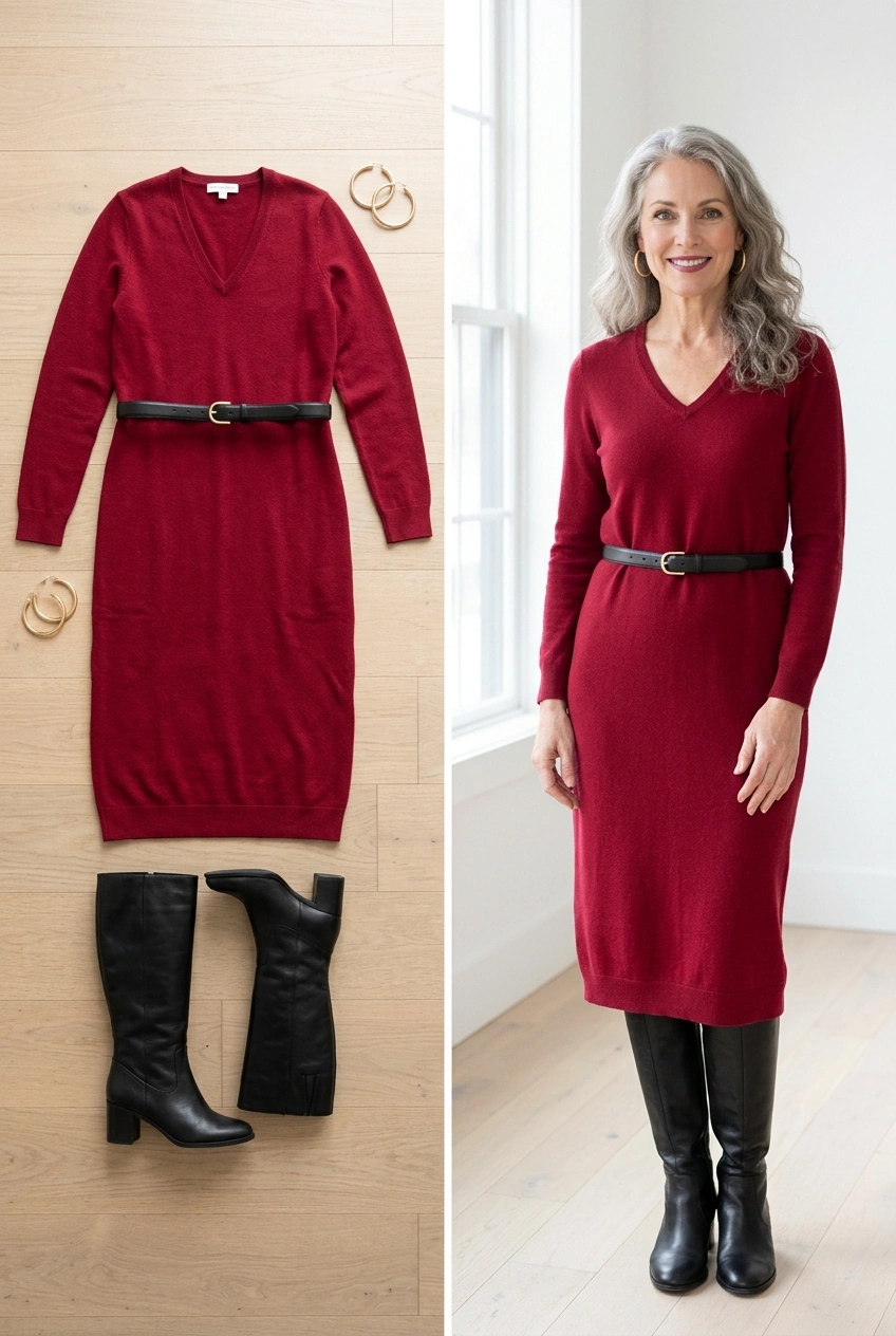 Cranberry sweater dress with a belt and black knee boots, a holiday lunch outfit for women over 50