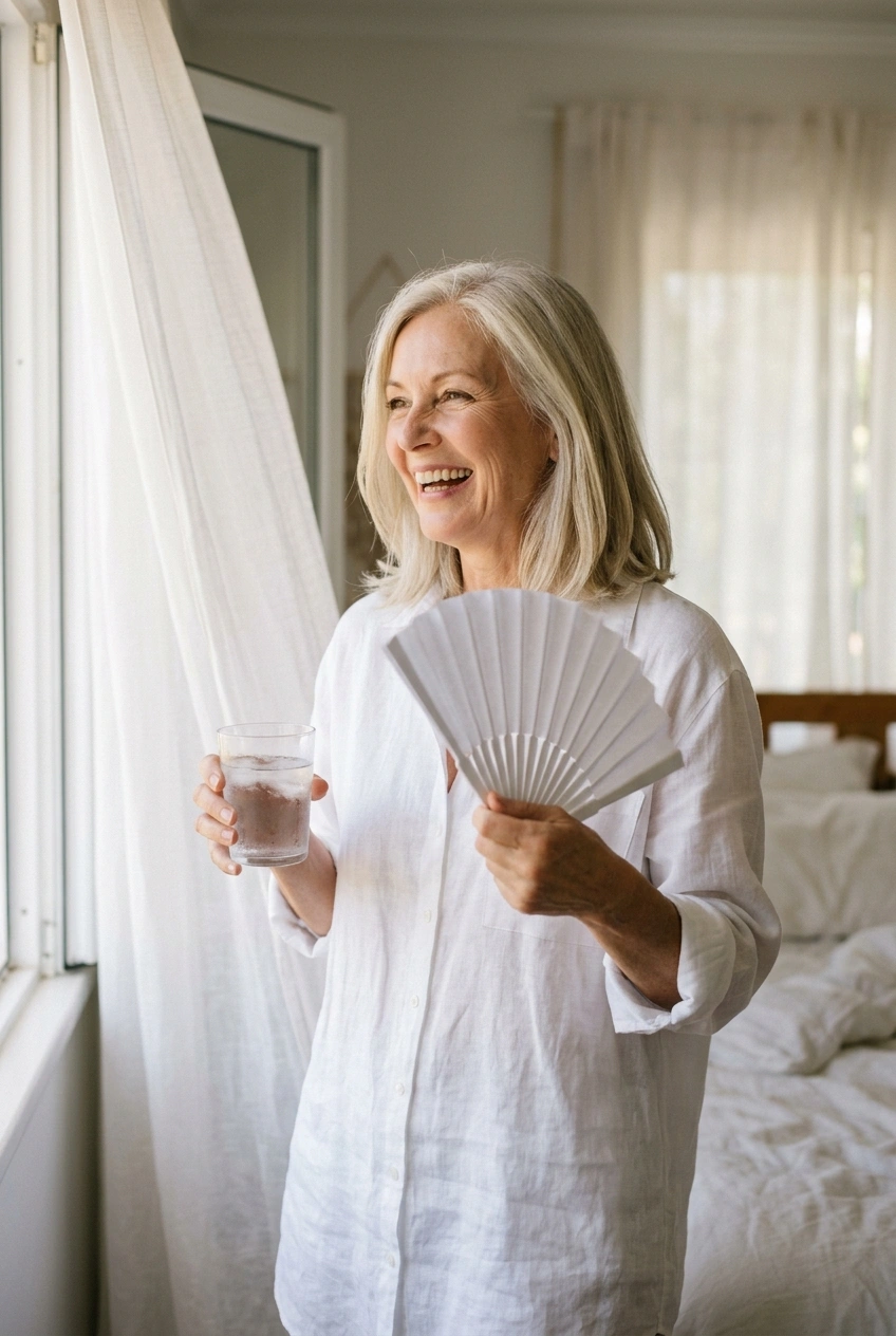 Woman in her 60s laughing as she cools off by an open window with a glass of water